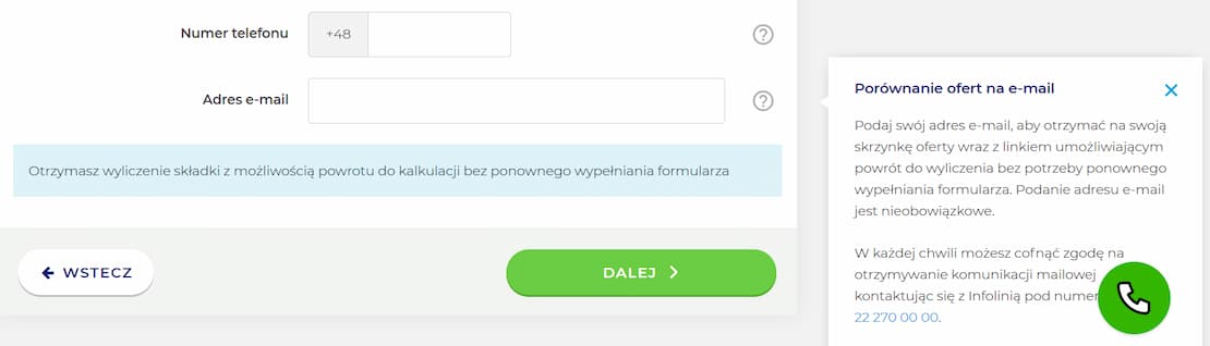 Formularz w kalkulatorze najtaniejuagenta.pl - telefon i e-mail